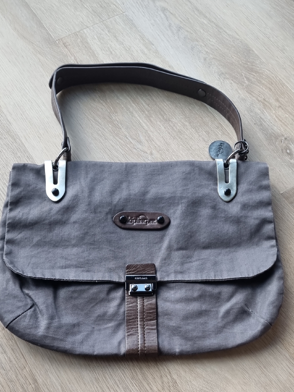 Kipling Taupe Canvas Messenger Bag with Brown Leather Trim